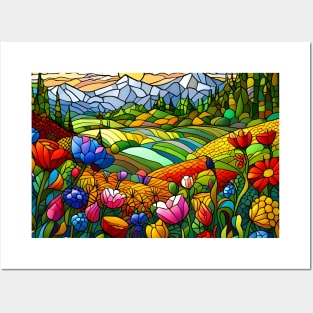 Stained Glass Colorful Mountain Flowers Posters and Art